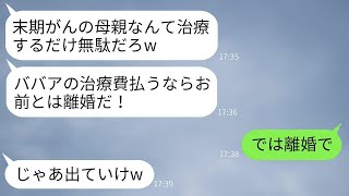 夫が末期がんの母の治療費を自分の貯金から払った妻に怒り、「無駄遣いなら離婚だ！」と脅したため、妻はすぐに離婚を選んだ。