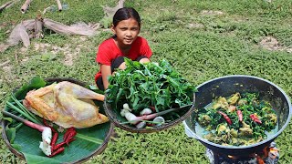 Cooking chicken Traditional with Natural green vegetable | primitive survival thinking