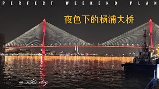 夜色下的杨浦大桥；