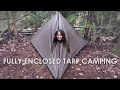 Fully Enclosed Tarp Camping • Pyramid Configuration + Sausage on Fire