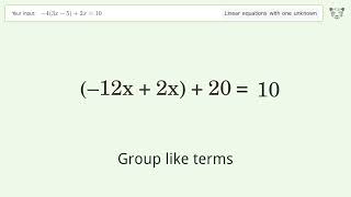 Linear equation with one unknown: Solve -4(3x-5)+2x=10 step-by-step solution