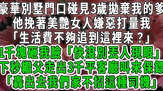 豪華別墅門口碰見3歲拋棄我的爸爸，他挽著美艷女人嫌惡打量我「生活費不夠追到這裡來？」1千塊砸我臉上「快滾別耽誤老子正事」下秒繼父走出3千平客廳叫來保鏢「轟出去我們家不招這種司機」#荷上清風#爽文