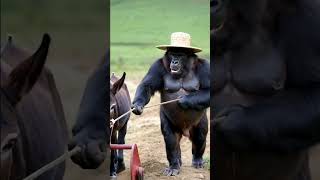 [AI]Silverback gorilla plowing the field with a donkey