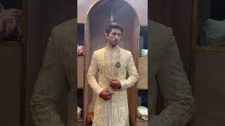 Cream Mughal Patterned Embroidered Sherwani Set with Ivory Anarkali Kurta \u0026 Chooridar | SIA19