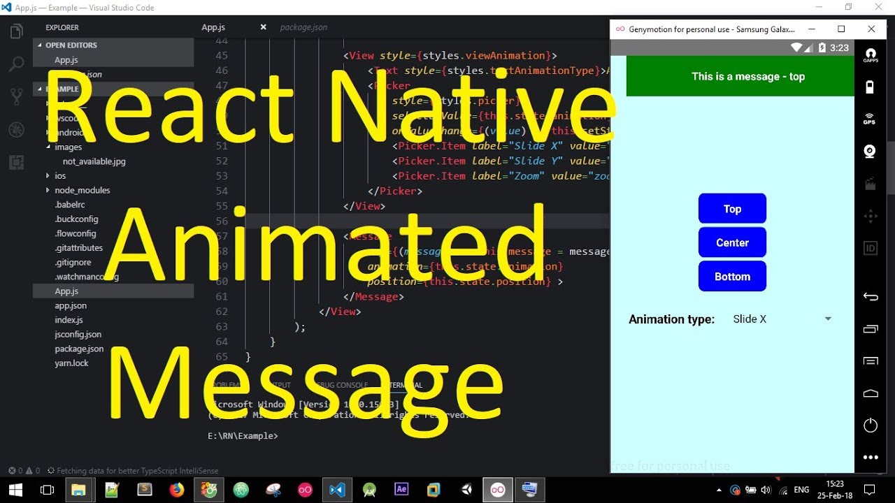 React native анимация переходов между слайдами. React message
