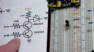 Transistor circuit 8 NAND gate switches 2N2222 NPN BJT and SN74HC00N quad 2 input NAND gate IC