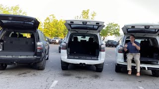 4Runner cargo area options: 3rd row, sliding cargo deck and empty - with Measurements