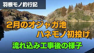 2月の雄蛇ヶ池でハネモノ初投げ／工事した流れ込みの状況