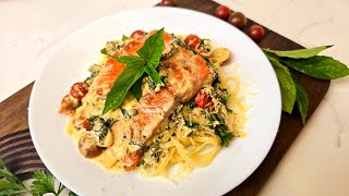 Creamy Tuscany salmon with fettuccine pasta. 15 min delicious dinner | Somon cu sos cremos si paste