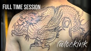 DRAGÃO EM METADE DAS COSTAS NO ESTILO LINE WORK - TATUANDO EM TEMPO REAL - LOCKINK