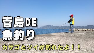 菅島の人工島と島の西側の斜路（堤防）で魚釣り