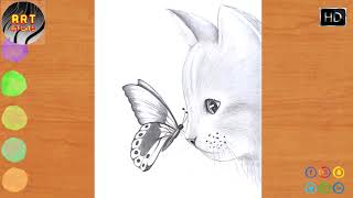 Cómo dibujar un gato con una mariposa   Dibujo a lápiz para... YouTube