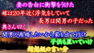 修羅場 妻の告白に衝撃をうけた。嫁は２０年近く浮気をしていて長男は間男の子だった。奥さん曰く、間男と再婚したいから家を出て行け、子供も置いていけ   超怒級の言い分