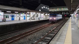 【貨物】EF81-452　フレームライナー　香椎駅通過   交通安全ベッドマーク付