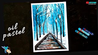Snowfall scenery drawing with oil pastels