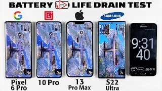 Pixel 6 Pro vs OnePlus 10 Pro vs iPhone 13 Pro Max vs S22 Ultra Battery DRAIN TEST! INSANE Result😳
