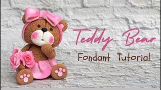 Cute fondant Teddy Bear with bow & flowers Tutorial (weights included)