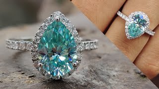 2.30 TCW Cyan Blue Pear and Round Colorless Moissanite Halo Engagement Ring | Pave Setting Ring