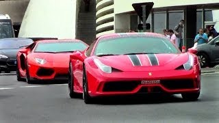 2x Ferrari 458 Speciale in Monaco | LOUD Acceleration + Driving Sounds