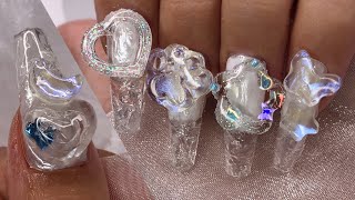 【セルフネイル】冬ネイル クリア オーロラ 氷ネイルデザイン | ASMR 長さ出し ネイルアート 네일아트 nail art