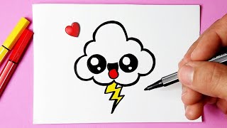 Como desenhar Nuvem fofa Kawaii com Raio ❤ Desenhos Bonitos - Desenho para Desenhar