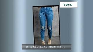 Classic Medium Rise Ripped Slim Fit Washed Jeans