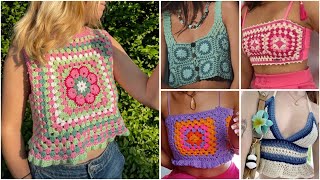 Crochet multicoloured flower 🌼 pattern top/crochet crop top designs #crochettop