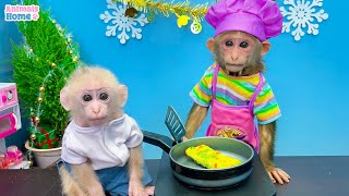 Chef BiBi harvests eggs to make egg rolls for baby monkey Obi