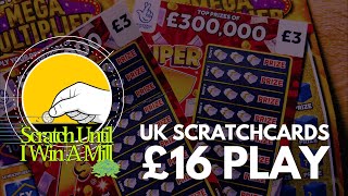 £16 SCRATCHCARDS PLAY🤞| MIXED UK NATIONAL LOTTERY | SCRATCH UNTIL I WIN A MILL 🥳🎉