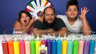 3 COLORS OF GLUE SLIME CHALLENGE CHALLENGE MYSTERY WHEEL OF SLIME EDITION WITH OUR DAD