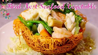 Bird Nest Stir-Fried Seafood with Vegetable