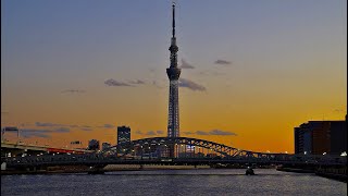 東京スカイツリー　ライトアップ　隅田川　Shirahige Bridge　TOKYO SKYTREE 　Light up　夕焼け　夕暮れ