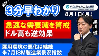 FX/為替３分早わかり「ドル高も逆効果、急速な需要減を警戒-米7月ＩＳＭ製造業景況指数」2022年8月1日