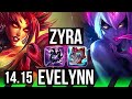 ZYRA vs EVELYNN (JGL) | 66% winrate, Rank 7 Zyra, 11/2/8, Dominating | BR Challenger | 14.15