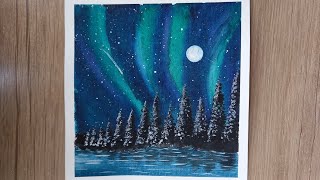 Northern lights painting.lake & pine forest scenery painting. watercolor landscape painting tutorial