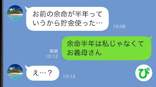 【LINE】私の余命が僅かだと勘違いし貯金を使い果たした夫「お前なんでまだ生きてるの…？」私「余命宣告されたのはお義母さん」夫「え…」【スカッと修羅場】