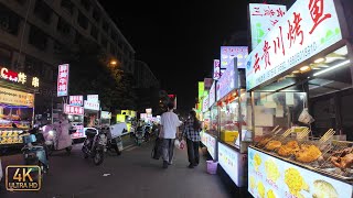 中国石狮，夜晚的金相路，各式各样的街边小吃，来来往往的行人(4K UHD)