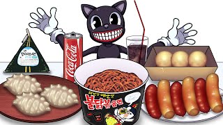 Mukbang Animation Hot spicy Chicken Noodles Set Catoon cat 먹방 애니메이션 불닭볶음면 소떡소떡 세트를 먹는 카툰캣