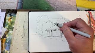 Pen and wash drawing demonstration of a farmyard