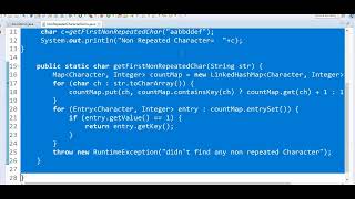 Write a java program to find first non repeated character in String in java