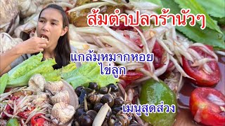 ส้มตำใส่มะกอกหวานๆ แกล้มกับหอยปลังและไข่ลูก อาการอ่อนเพลียและเมารถดีขึ้นทันตาเห็นเลยจ้า