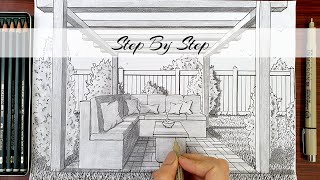 How To Draw A Backyard in One Point Perspective | Step By Step