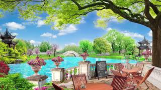 Lakeside Cafe Ambience in spring with Smooth Jazz Music | Wave & Nature Sounds to Relax, Study