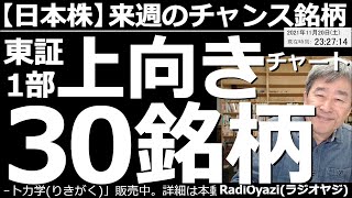 【日本株－来週のチャンス銘柄】東証１部上向きチャート30銘柄を紹介する。レーザーテック、東京エレクトロン、ソニーなど、年末に向けて上昇しやすい美しい上向チャート銘柄を採り上げ、買いポイントを提示する。