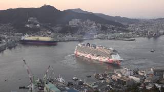 Norwegian Joy 夕刻の大回転長崎港出港と伊王島沖の達磨太陽落陽