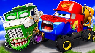 Big & Small:McQueen Spider-Truck and TOW Mater VS ZOMBIE KING DINOCO Slime apocalypse BeamNG.drive