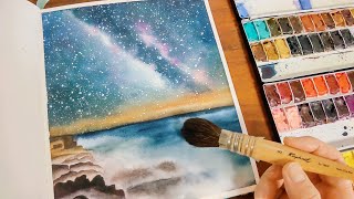 水彩画を始めて595日目／天の川銀河と海面に広がる霧を描く🌌