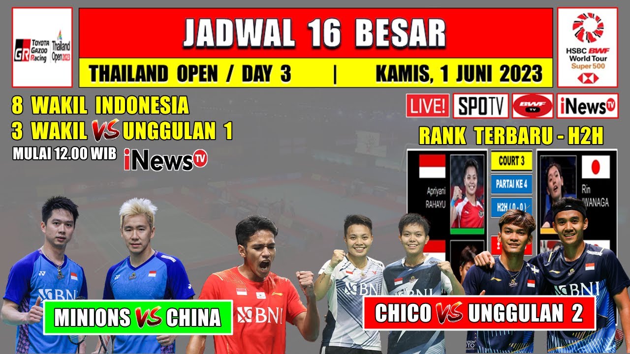 Jadwal Thailand Open 2023 Hari Ini Day 3 Live INEWS TV ~ 8 Wakil ...