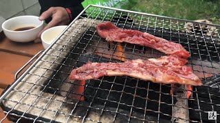 すき焼き焼肉 ？！焼肉を卵に付けて食べる【アウトドア料理】