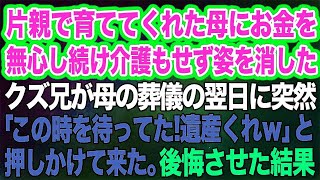 片親で育ててくれた母にお金を無心し続け姿を消したクズ兄。母の葬儀の突然現れて「この時を待ってた！遺産をくれｗ」→兄を泣くまで後悔させた結果